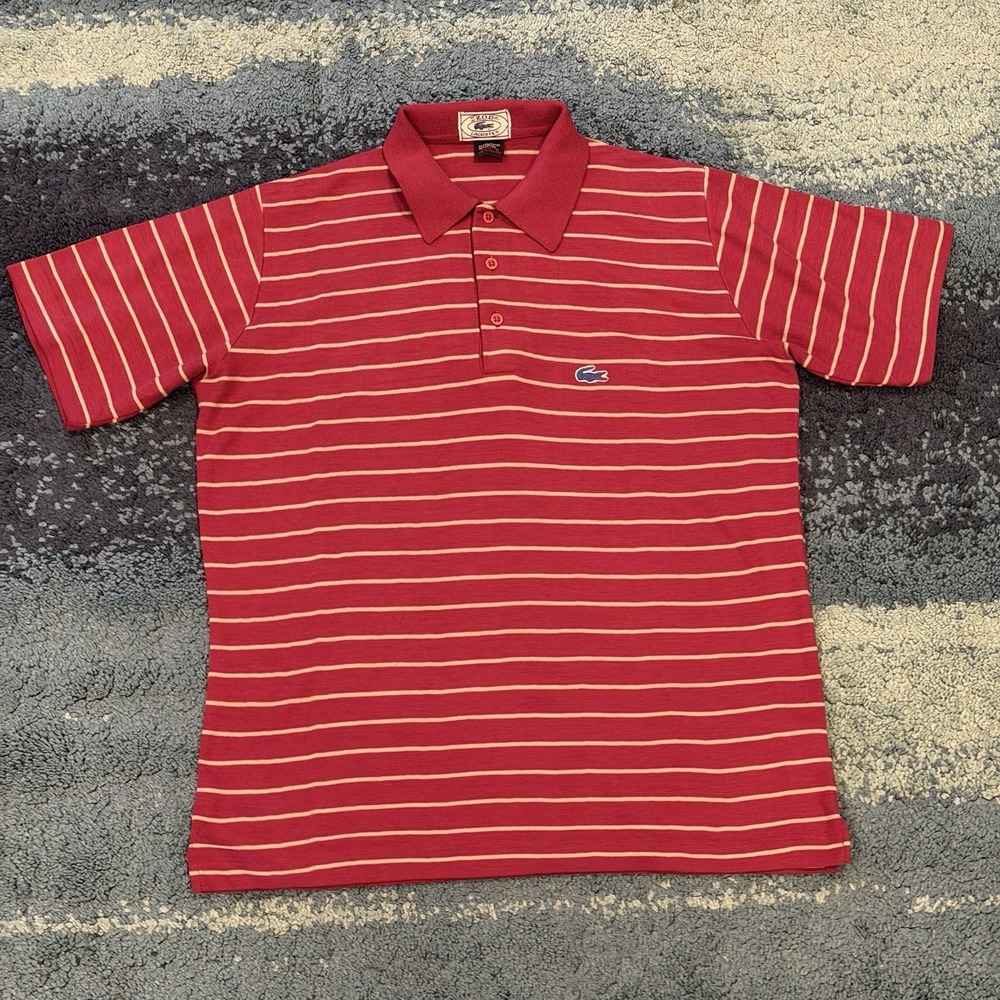Vintage Izod Lacoste Polo Shirt Men's Medium Burgundy White Stripes Preppy